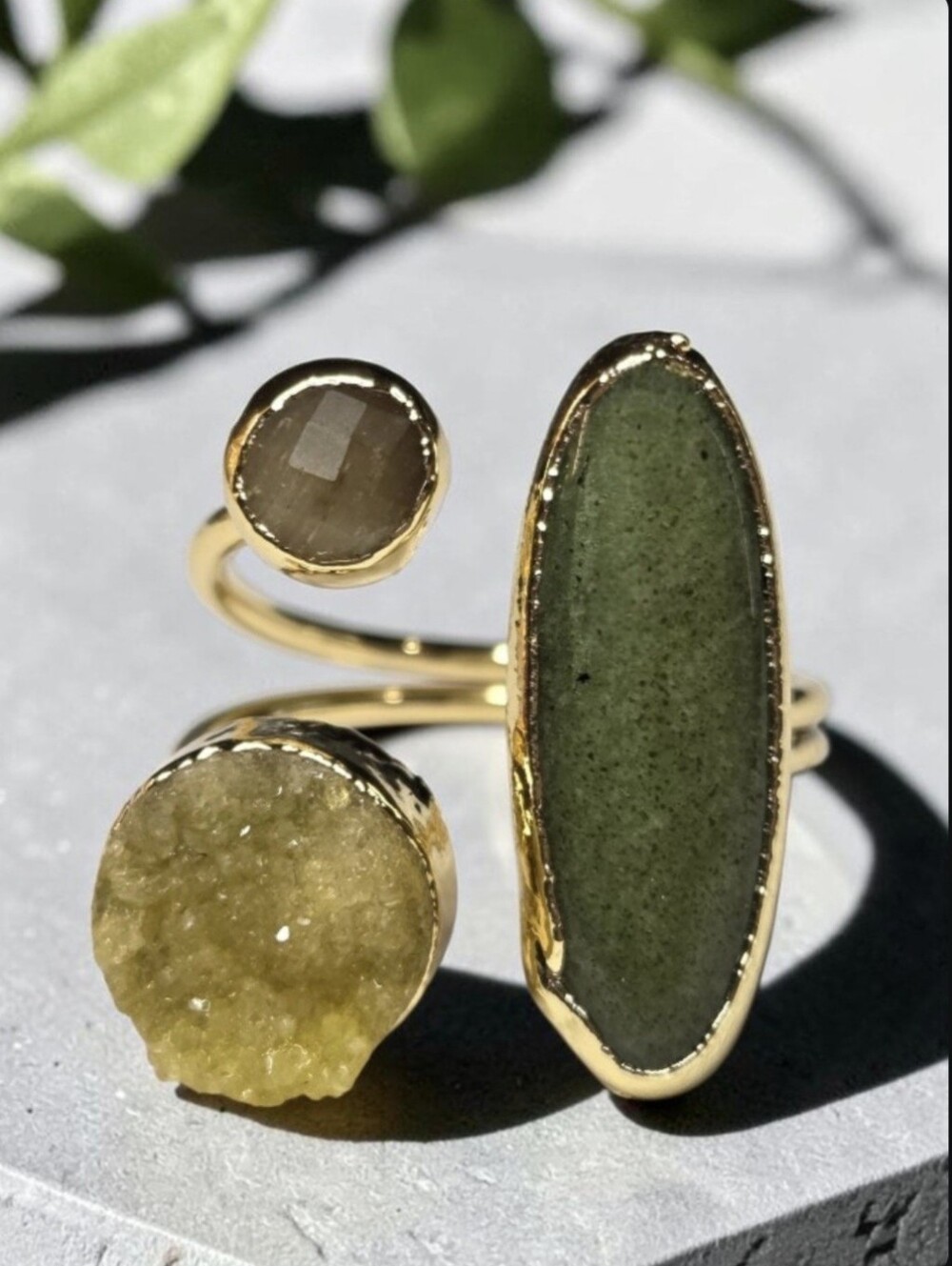 18k Gold Plated Artisan Serpentine Jade Lemon Sugar Druzy Quartz Crystal Ring